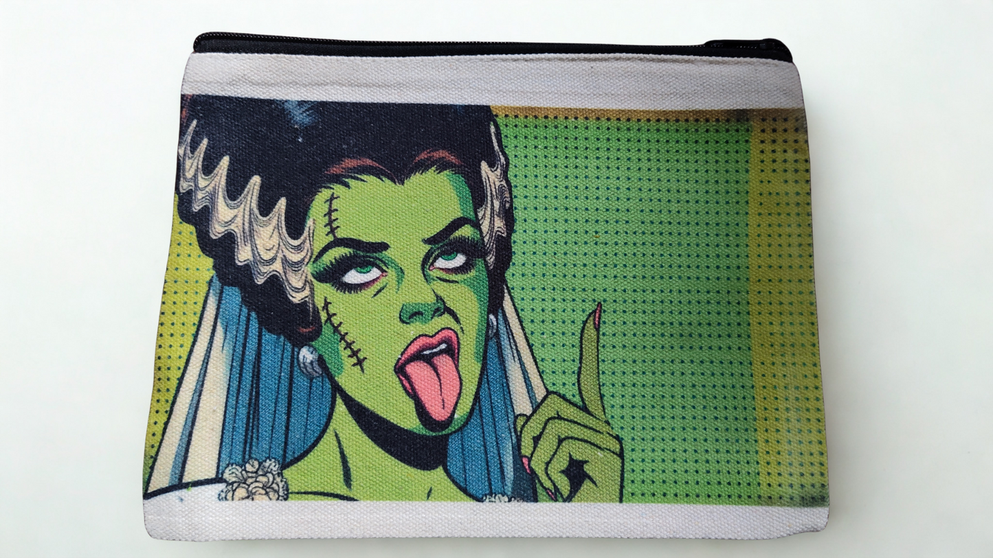 Bride of Frankenstein pop art makeup bag, stash bag, horror themed bag, Halloween themed bag
